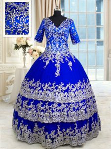 Royal Blue V-neck Zipper Appliques and Ruffled Layers Sweet 16 Quinceanera Dress Half Sleeves