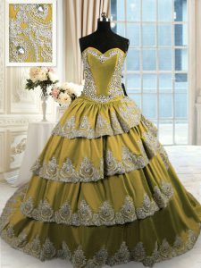Olive Green Ball Gowns Satin Sweetheart Sleeveless Beading and Appliques and Ruffled Layers With Train Lace Up 15th Birthday Dress