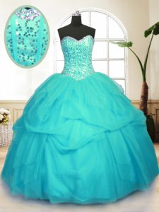 Glamorous Aqua Blue Ball Gowns Tulle Sweetheart Sleeveless Sequins and Pick Ups Floor Length Lace Up Ball Gown Prom Dress