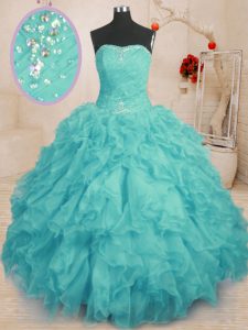 Glamorous Aqua Blue Ball Gown Prom Dress Military Ball and Sweet 16 and Quinceanera with Beading and Ruffles Strapless Sleeveless Lace Up