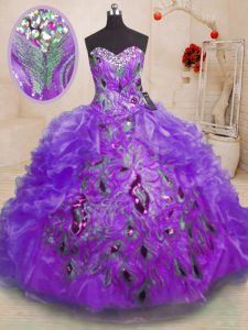Dramatic Sweetheart Sleeveless Zipper Quinceanera Gown Purple Organza