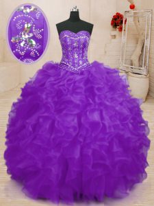 Latest Purple Ball Gowns Beading and Ruffles 15 Quinceanera Dress Lace Up Organza Sleeveless Floor Length