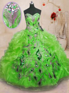 Ball Gowns Sweetheart Sleeveless Organza Floor Length Lace Up Beading and Appliques and Ruffles Vestidos de Quinceanera