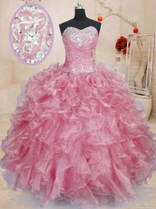Glorious Pink Sweetheart Neckline Beading and Ruffles Quinceanera Gowns Sleeveless Lace Up