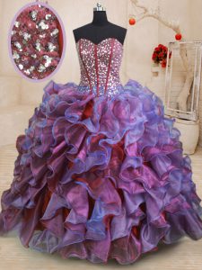 Multi-color Ball Gowns Organza Sweetheart Sleeveless Beading and Ruffles Floor Length Lace Up Quinceanera Gowns