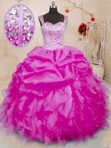 New Style Fuchsia Sleeveless Floor Length Beading and Ruffles and Pick Ups Lace Up Quinceanera Gown