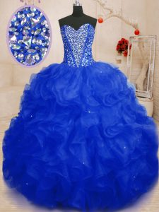Floor Length Lace Up Quinceanera Gown Royal Blue for Military Ball and Sweet 16 and Quinceanera with Beading and Ruffles