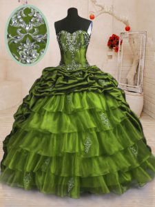 Discount With Train Lace Up Vestidos de Quinceanera Olive Green for Military Ball and Sweet 16 and Quinceanera with Beading and Appliques and Ruffled Layers and Pick Ups Sweep Train