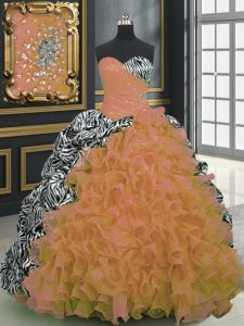 Printed With Train Ball Gowns Sleeveless Orange Sweet 16 Dress Brush Train Lace Up