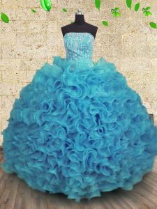 Aqua Blue Quinceanera Dress Military Ball and Sweet 16 and Quinceanera with Beading and Ruffles Strapless Sleeveless Lace Up
