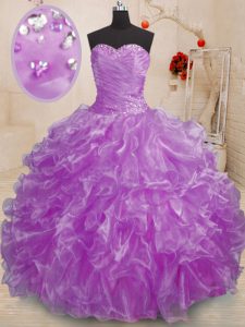 High Class Purple Lace Up Sweetheart Beading and Ruffles Quinceanera Dresses Organza Sleeveless