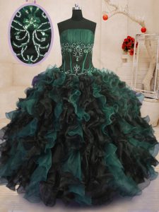 Admirable Strapless Sleeveless Organza Quince Ball Gowns Beading and Ruffles Lace Up