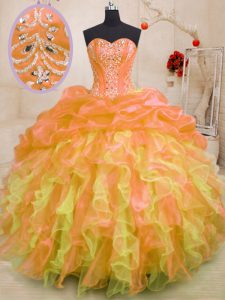 Luxury Multi-color Sleeveless Floor Length Beading and Ruffles Lace Up Quince Ball Gowns