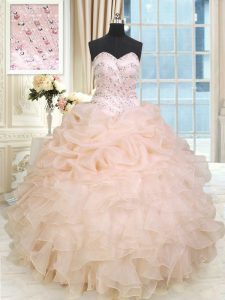 Peach Ball Gowns Beading and Ruffles 15 Quinceanera Dress Lace Up Organza Sleeveless Floor Length