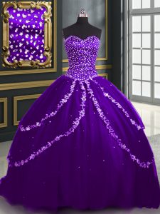Sweetheart Sleeveless Brush Train Lace Up Quinceanera Dresses Purple Tulle
