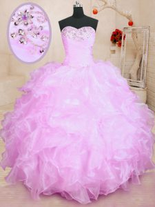Noble Lilac Organza Lace Up Sweetheart Sleeveless Floor Length Quince Ball Gowns Beading and Ruffles