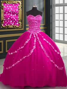 Fuchsia Sleeveless Brush Train Beading and Appliques With Train Quince Ball Gowns