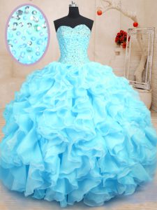 Custom Design Sleeveless Floor Length Beading and Ruffles Lace Up Sweet 16 Dresses with Baby Blue