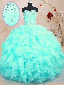 Fashionable Organza Sweetheart Sleeveless Lace Up Beading and Ruffles Sweet 16 Dress in Aqua Blue