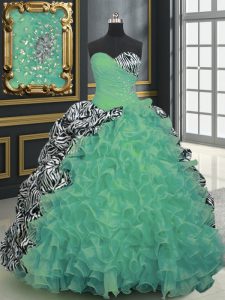 Unique Green Ball Gowns Sweetheart Sleeveless Organza and Printed With Brush Train Lace Up Beading and Ruffles and Pattern Sweet 16 Quinceanera Dress