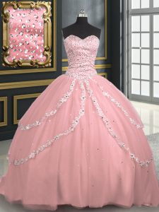 Classical Sweetheart Sleeveless Brush Train Lace Up Sweet 16 Dress Pink Tulle
