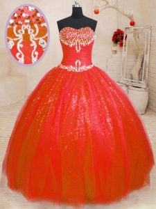 Red Tulle and Sequined Lace Up Sweet 16 Dresses Sleeveless Floor Length Beading