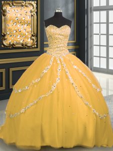 Vintage Gold Tulle Lace Up Sweetheart Sleeveless With Train 15 Quinceanera Dress Brush Train Beading and Appliques