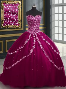 Classical Burgundy and Fuchsia Lace Up 15th Birthday Dress Beading and Appliques Sleeveless With Brush Train