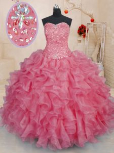 Sumptuous Floor Length Lace Up Sweet 16 Quinceanera Dress Pink for Military Ball and Sweet 16 and Quinceanera with Beading and Ruffles