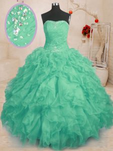 Flare Turquoise Sleeveless Organza Lace Up 15th Birthday Dress for Military Ball and Sweet 16 and Quinceanera
