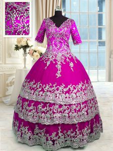Inexpensive Beading and Appliques and Ruffled Layers Sweet 16 Dresses Fuchsia Zipper Half Sleeves