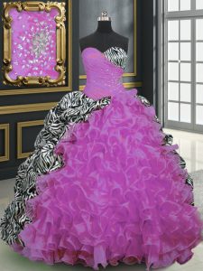 Printed Beading and Ruffles and Pattern Sweet 16 Quinceanera Dress Fuchsia Lace Up Sleeveless With Brush Train