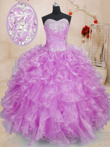 Lilac Lace Up Vestidos de Quinceanera Beading and Ruffles Sleeveless Floor Length