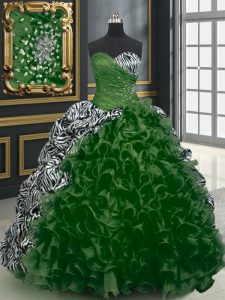 Printed Dark Green Quince Ball Gowns Military Ball and Sweet 16 and Quinceanera with Beading and Ruffles and Pattern Sweetheart Sleeveless Brush Train Lace Up