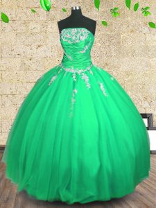 Flirting Floor Length Green Ball Gown Prom Dress Tulle Sleeveless Embroidery and Ruching