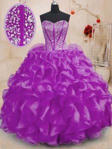 Flare Sleeveless Organza Floor Length Lace Up Quinceanera Gown in Purple with Beading and Ruffles