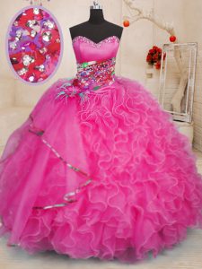 Fancy Hot Pink Lace Up Sweetheart Beading and Ruffles Sweet 16 Dress Organza Sleeveless
