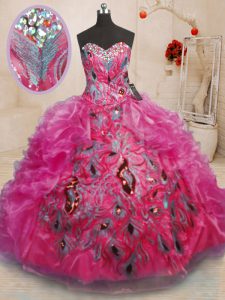 Deluxe Sweetheart Sleeveless Organza Sweet 16 Quinceanera Dress Beading and Appliques and Ruffles Lace Up