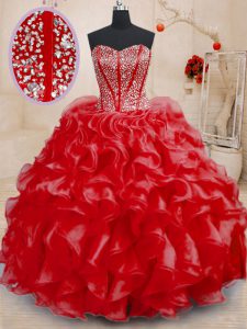 Shining Beading and Ruffles Sweet 16 Quinceanera Dress Red Lace Up Sleeveless Floor Length