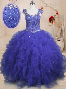 Tulle Cap Sleeves Floor Length Quinceanera Dress and Beading and Ruffles and Sequins