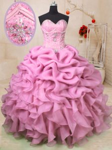 High Quality Baby Pink Sweetheart Neckline Beading and Ruffles and Pick Ups Sweet 16 Dresses Sleeveless Lace Up