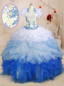Multi-color Lace Up Sweetheart Beading and Appliques and Ruffles Quinceanera Gown Organza Sleeveless