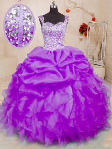 Floor Length Lace Up Quinceanera Dresses Purple for Military Ball and Sweet 16 and Quinceanera with Beading and Ruffles and Pick Ups