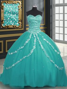 Custom Made Tulle Sweetheart Sleeveless Brush Train Lace Up Beading and Appliques Sweet 16 Dresses in Turquoise