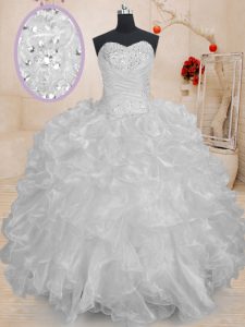 Custom Designed Ball Gowns Quince Ball Gowns White Sweetheart Organza Sleeveless Floor Length Lace Up