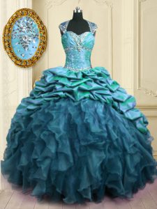 Affordable Sweetheart Cap Sleeves Organza and Taffeta Vestidos de Quinceanera Beading and Ruffles and Pick Ups Brush Train Lace Up