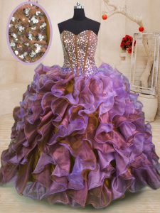 Classical Sleeveless Floor Length Beading and Ruffles Lace Up Ball Gown Prom Dress with Multi-color