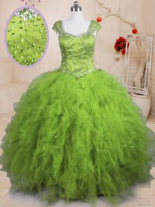 Luxurious Olive Green Lace Up Square Beading and Ruffles Sweet 16 Dresses Tulle Short Sleeves