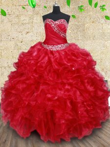 Red Sleeveless Floor Length Beading and Ruffles Lace Up Quinceanera Gown