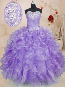 Unique Sweetheart Sleeveless Organza Sweet 16 Dress Beading and Ruffles Lace Up